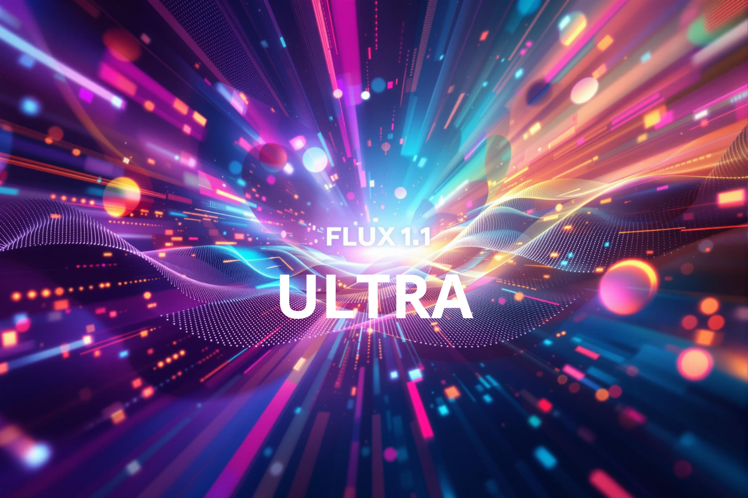 Цифровое искусство с яркими световыми потоками и частицами надпись FLUX 1.1 ULTRA футуристический дизайн энергия движение технологии и инновации