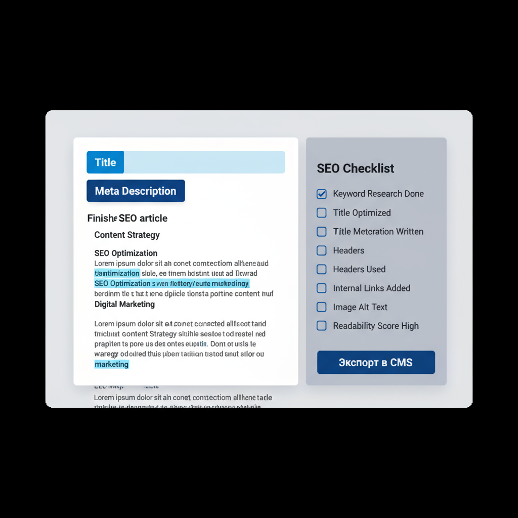 AI-ассистент для SEO: готовая статья с автоматически сгенерированными Title и Meta Description, экспорт в CMS.