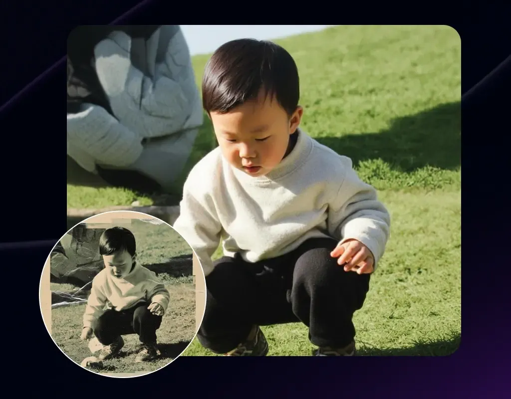 Маленький мальчик играет на зелёной траве — пример оживления фотографий с помощью AI, как в рекламе мировых брендов