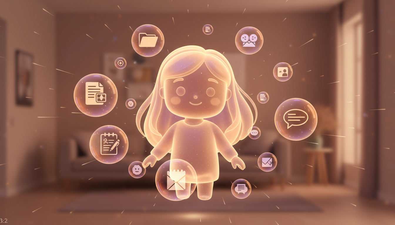 цифровая иллюстрация девочки с длинными волосами иконки в прозрачных сферах папка заметки документ чат календарь профиль настройки письмо размытый фон уютная комната виртуальный помощник продуктивность