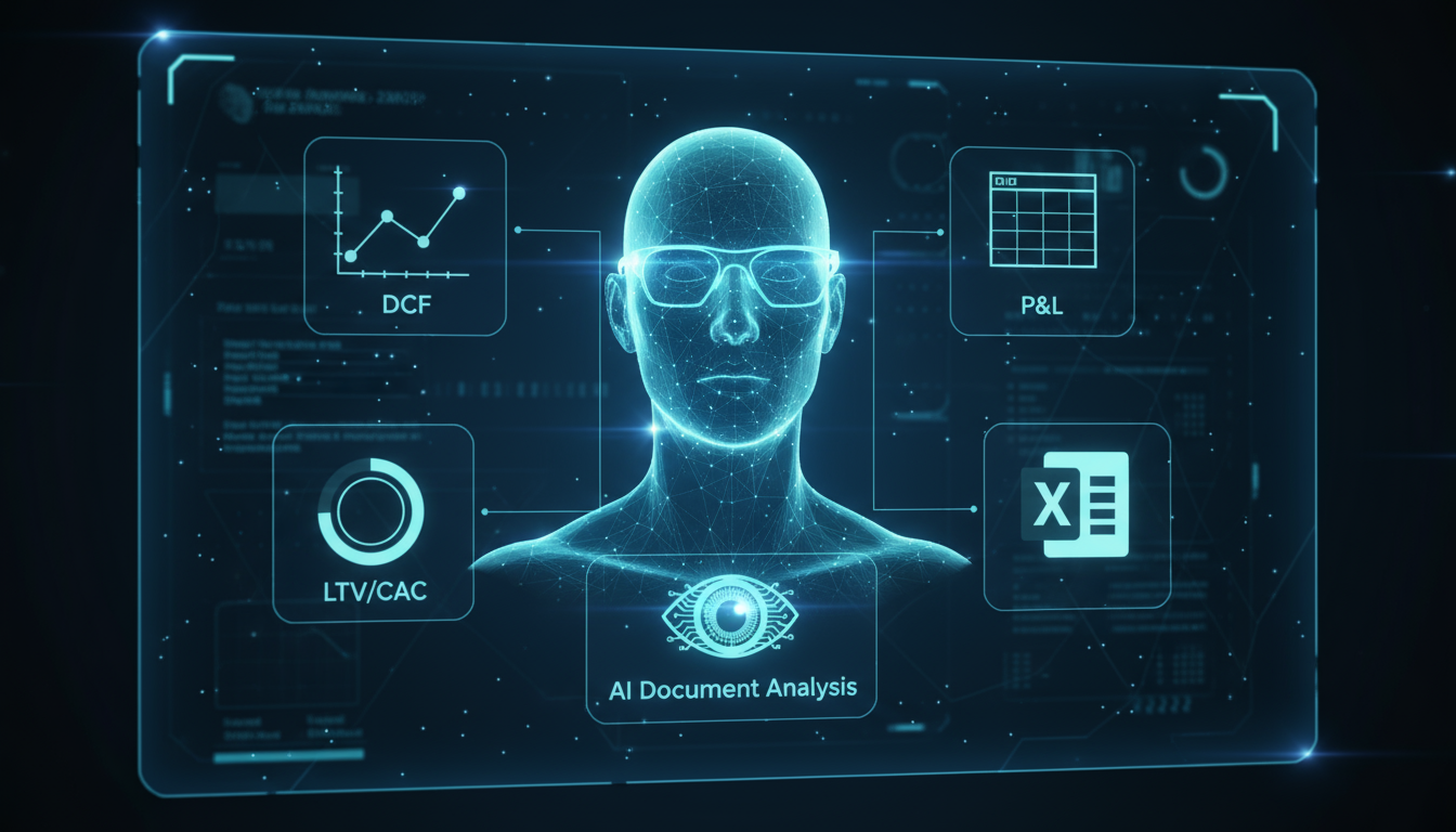 цифровая иллюстрация головы с очками иконки dcf p&l ltv cac excel ai document analysis темный фон графики данные искусственный интеллект анализ документов финансы