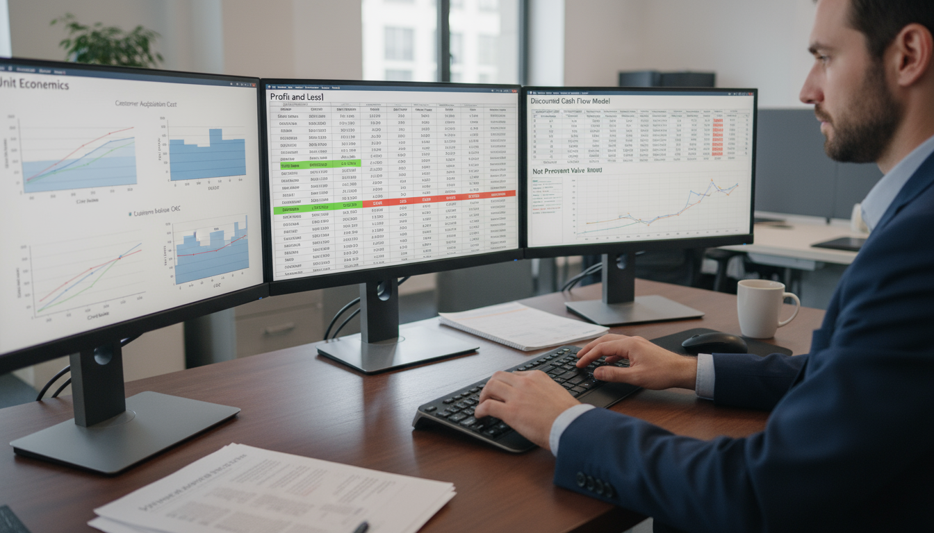 человек в деловом костюме за рабочим столом три монитора с финансовыми данными графики таблицы прибыль и убытки модель дисконтированных денежных потоков документы кружка кофе офисная аналитика