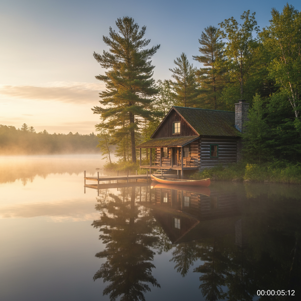 Домик у озера на фоне рассвета или заката сосны деревянный причал каноэ туман над водой отражение природы спокойная атмосфера уединение живописный пейзаж