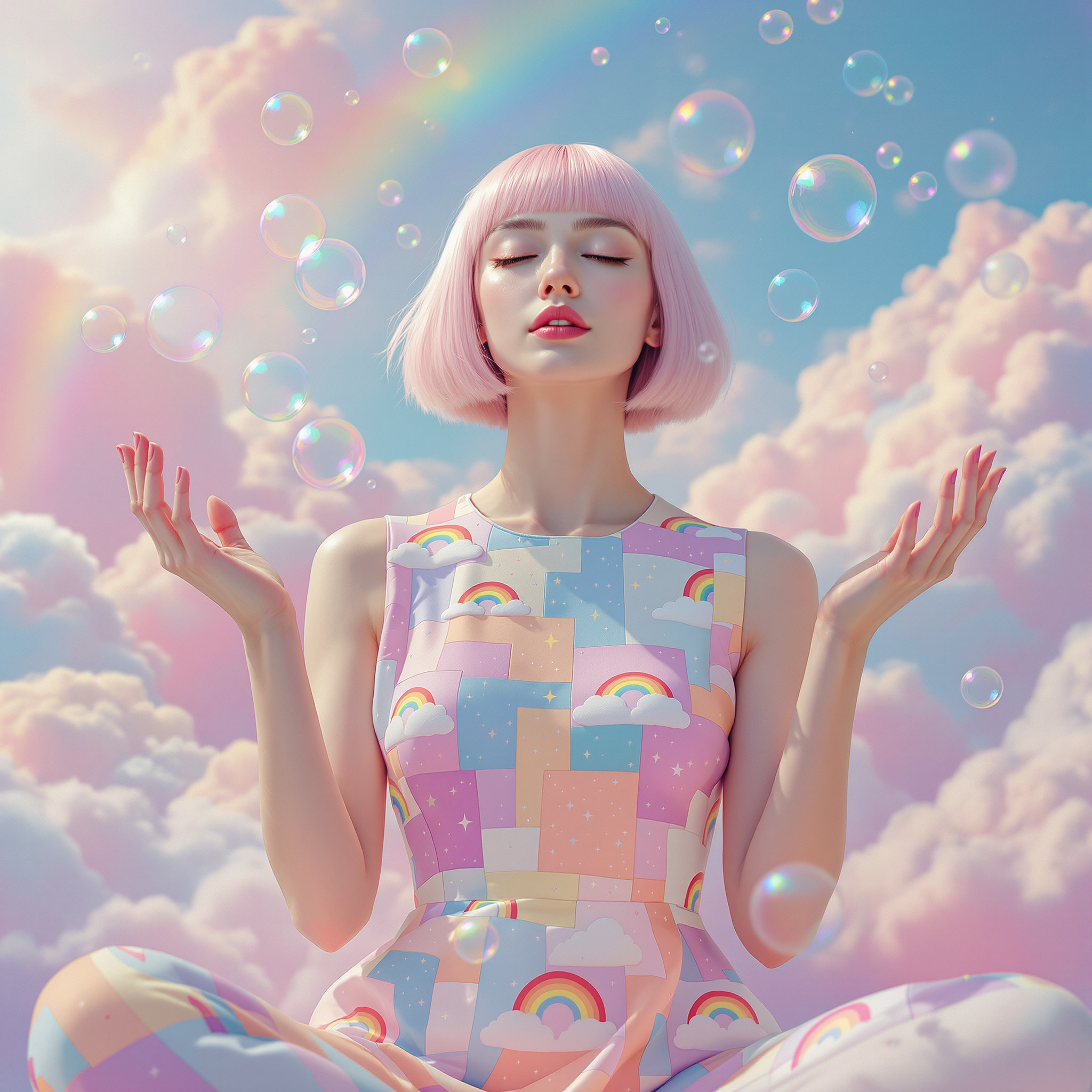 Человек с розовыми волосами в позе медитации на фоне розовых облаков и радуги мыльные пузыри яркий наряд с узорами звезд и радуг фантазийная атмосфера спокойствие и мечтательность