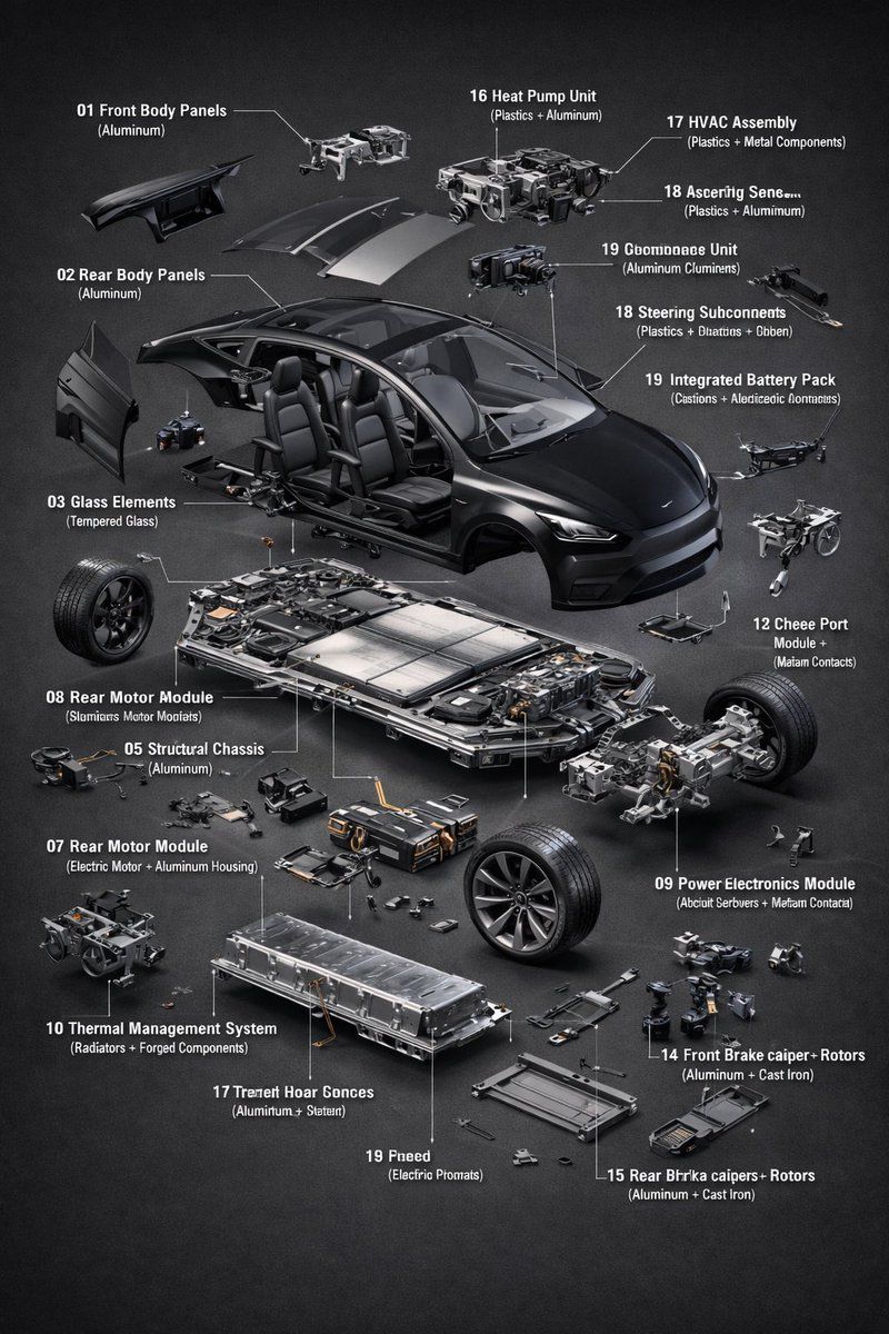 Схема электромобиля с выделенными компонентами — кузов, мотор, батарея, электроника и тормозные узлы, с указанием материалов.