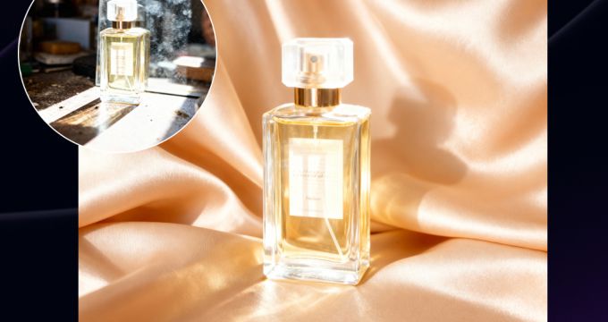 Элегантный флакон парфюма на шелковой ткани — роскошная упаковка и детальный взгляд на дизайн аромата
