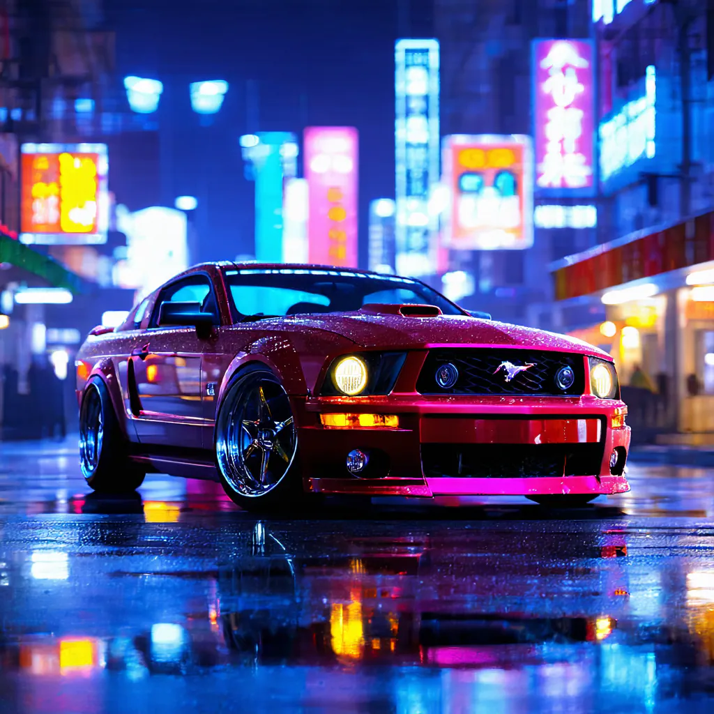 красный ford mustang на мокрой улице ночью неоновые огни отражение фар городской пейзаж восточная архитектура дождливая атмосфера стильный автомобиль