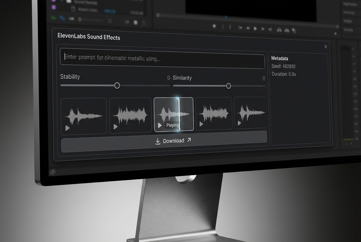 Макет интерфейса ElevenLabs поле промпта, слайдеры Stability:Similarity, волновые превью и кнопка скачивания