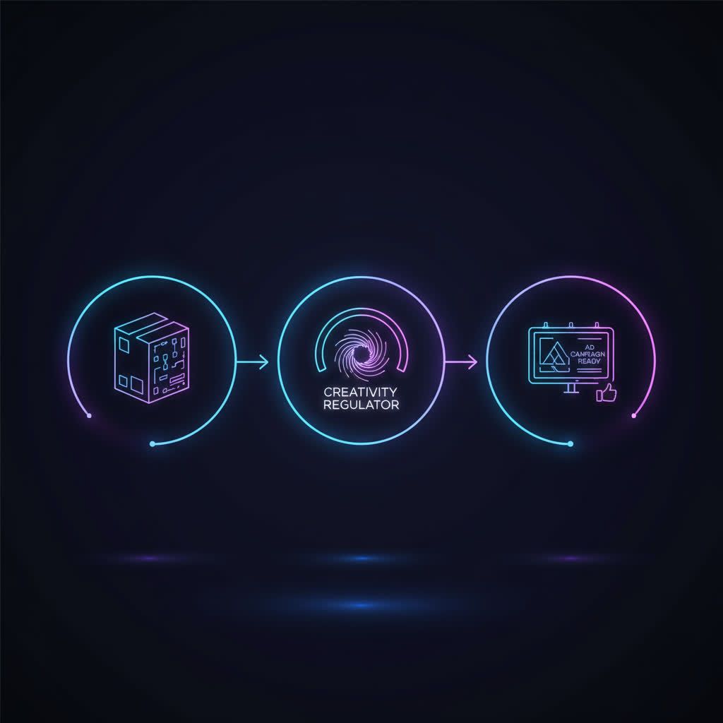 Процесс генерации идей для рекламы за 3 шага с Vlex AI, описание продукта и выбор креативности.