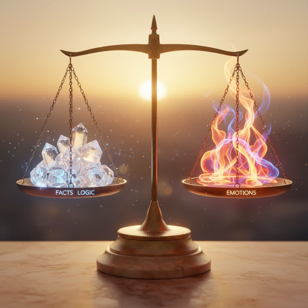 Весы где на одной чаше факты и логика в виде кристаллов, на другой эмоции как разноцветные огни, идеальный баланс, теплые сбалансированные тона