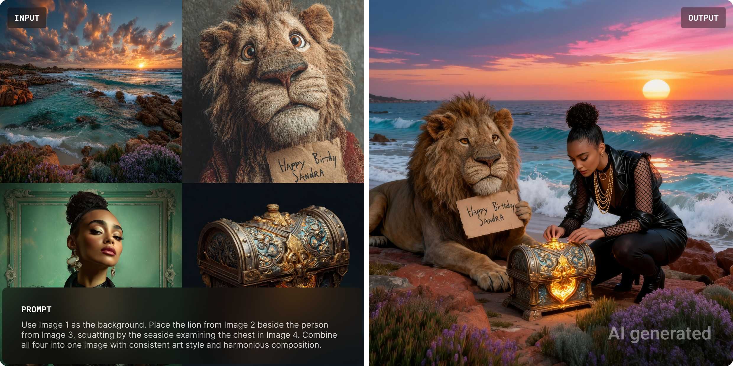Как ИИ объединяет элементы в единый сценарий: морской закат, лев с поздравлением, женщина и сундук — пример работы нейросети по созданию сложных композиций