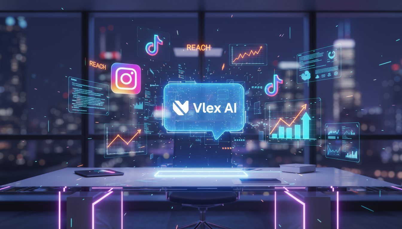 Личный ai-ассистент Vlex AI для SMM-маркетинга — голографический чат-бот и социальные сети на фоне графиков роста.
