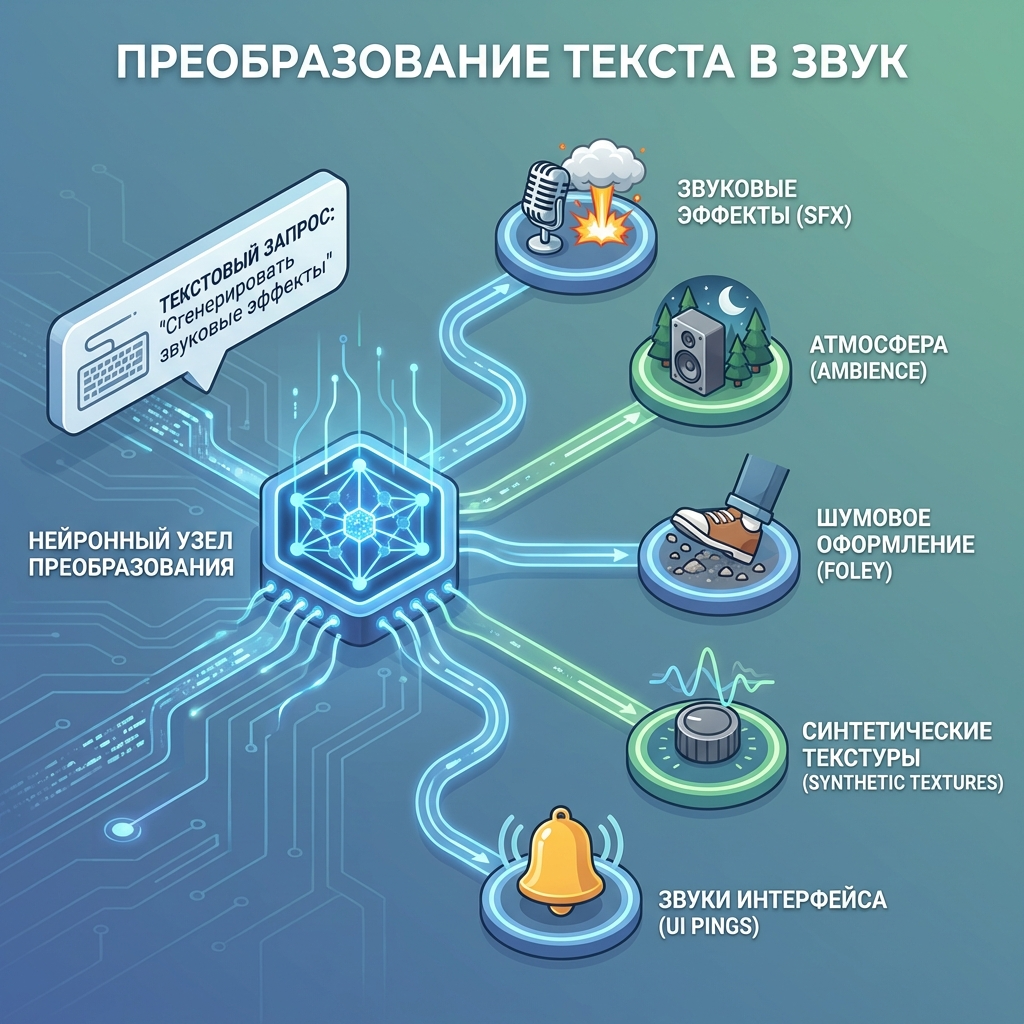 Инфографика нейросеть превращает текстовый промпт в SFX, амбианс, фоли и UI-звуки