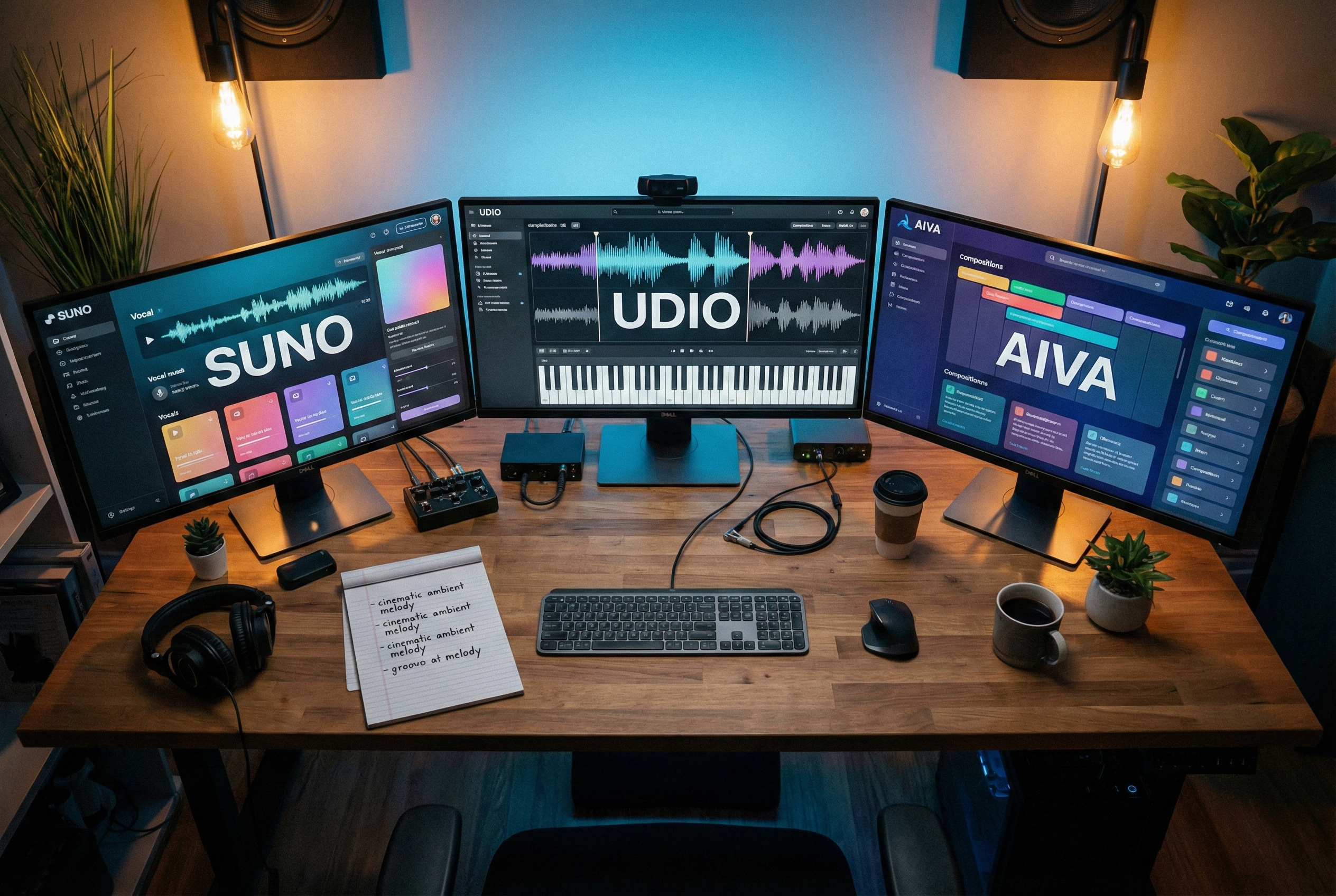 Современное рабочее место с интерфейсами нейросетей для генерации музыки, волновыми формами и MIDI-дорожками на экранах