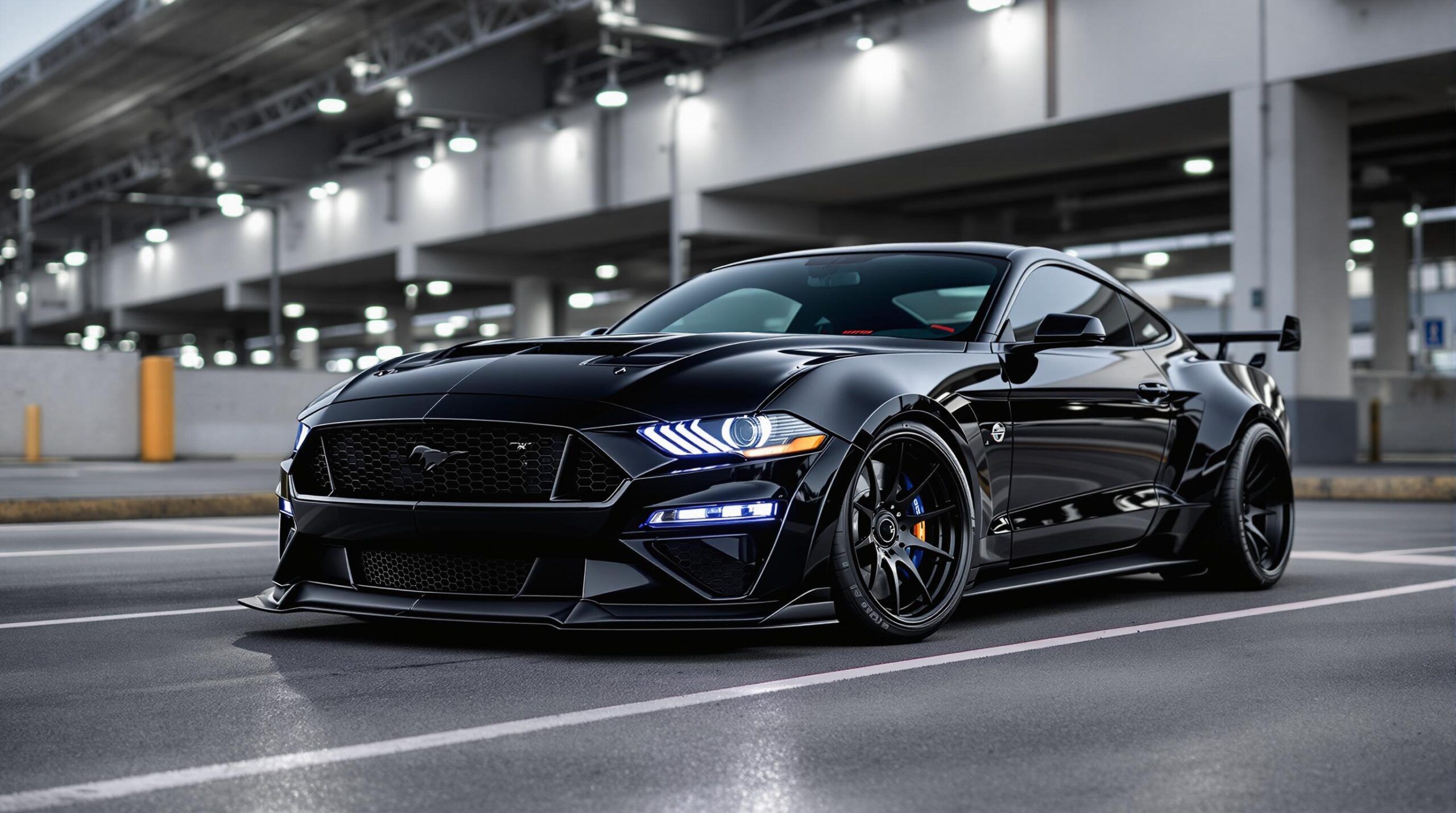 Черный тюнингованный Ford Mustang с широким обвесом и агрессивным дизайном светодиодные фары оранжевые суппорты городской фон современная автостоянка стиль и мощность