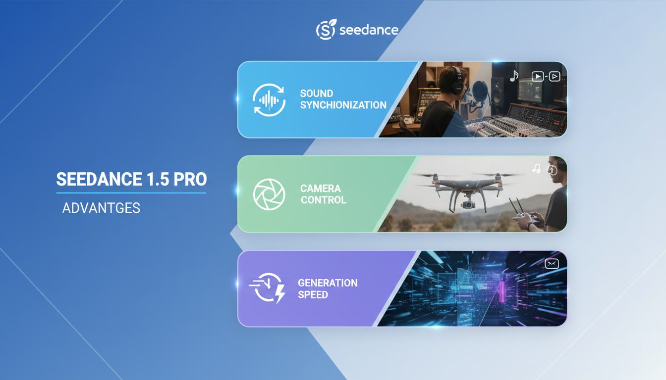 Визуализация ключевых преимуществ Seedance 1.5 Pro с иконками и примерами клипов.