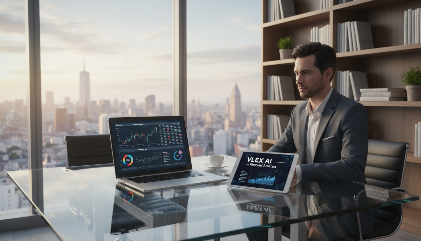 мужчина в костюме за стеклянным столом ноутбук и планшет с финансовыми графиками вид на городской горизонт vlex ai финансовый ассистент анализ данных технологии искусственный интеллект офис