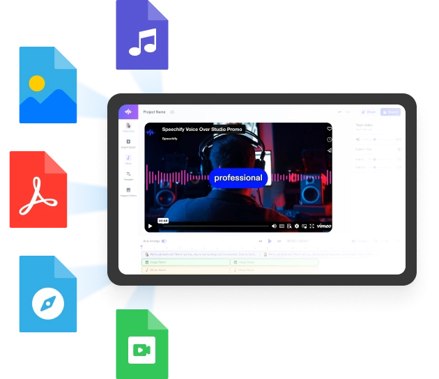 интерфейс программы озвучивания видео speechify voice over studio промо видео с надписью professional и звуковой волной иконки изображений музыки pdf веб и видео файлов синие стрелки интеграция медиафайлов