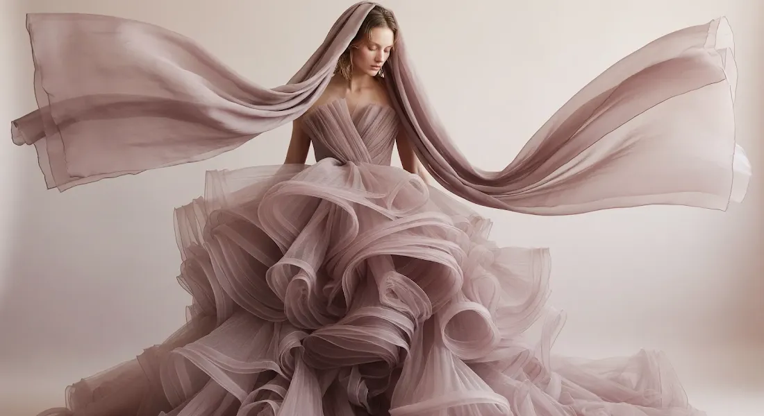 Человек в объемном платье из воздушной ткани пыльно-розового цвета с драпировками и рюшами художественная мода высокая мода этereal стиль нейтральный фон