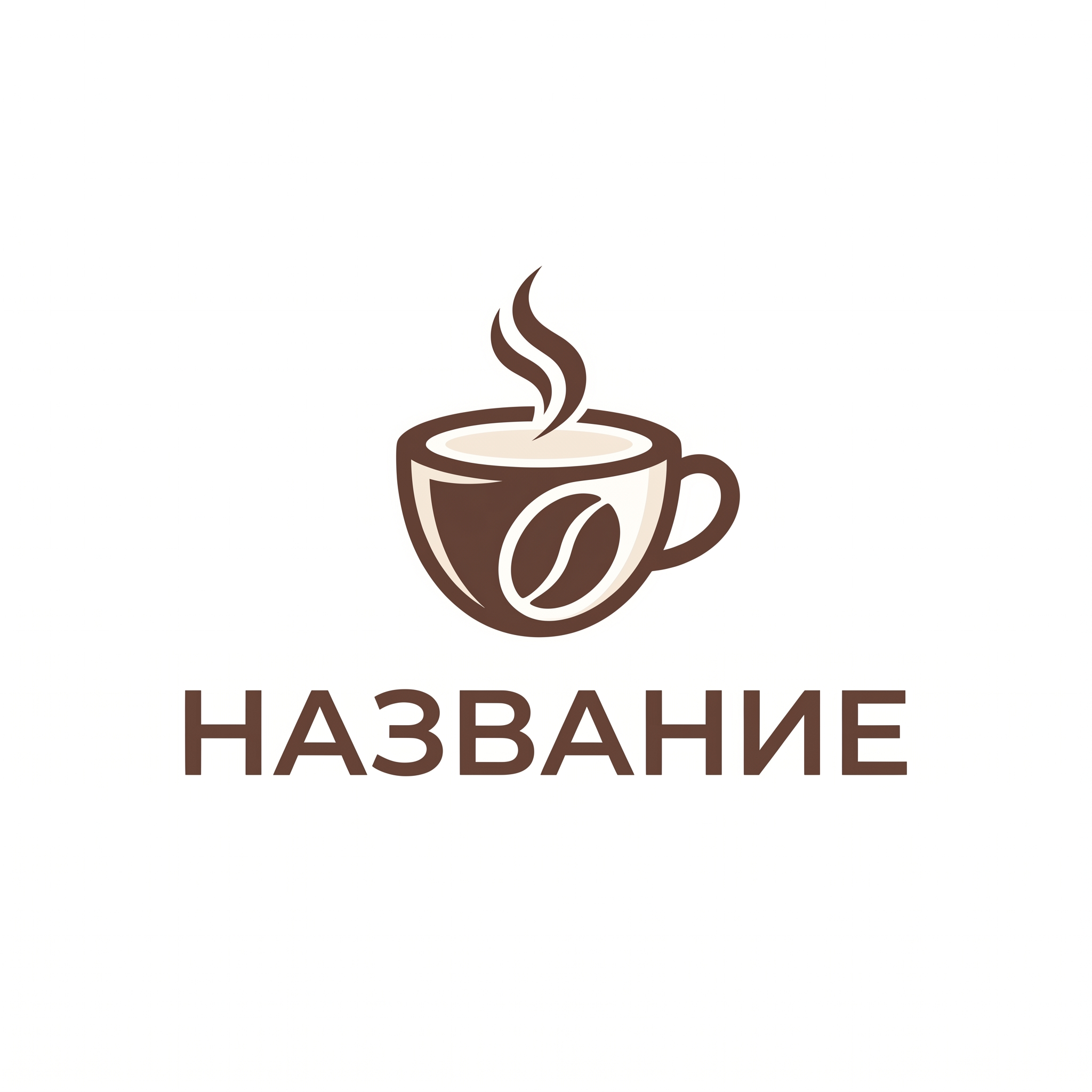 Логотип кофейни: коричневая чашка кофе с изображением кофейного зерна на боку и стилизованным паром сверху, под иконкой надпись НАЗВАНИЕ