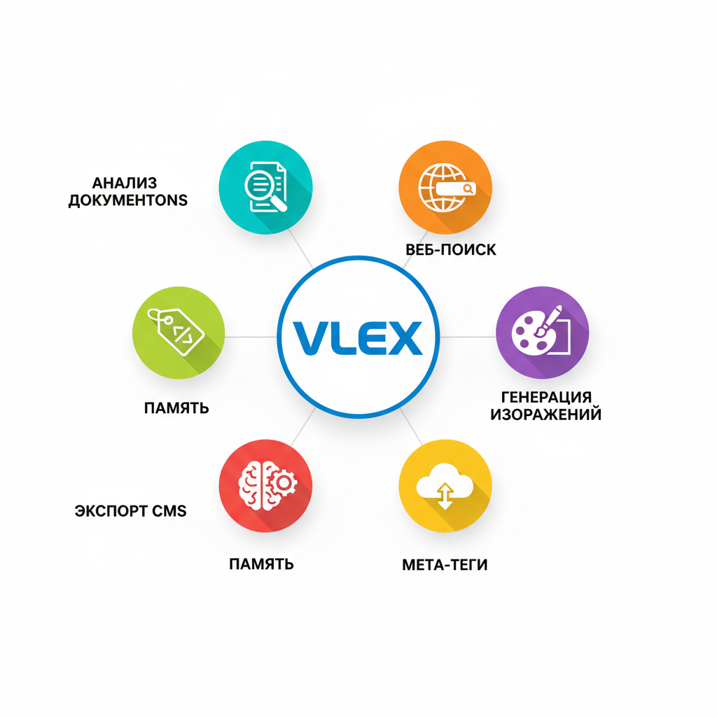 Инфографика функций мультимодельного ИИ-ассистента: анализ документов, веб-поиск, генерация изображений, память переписки — для SEO и контента