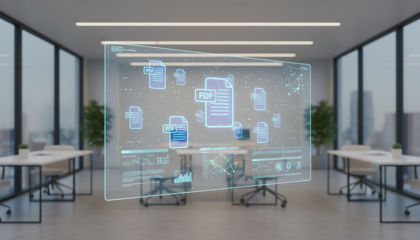 современный офис с большими окнами столами и растениями прозрачный цифровой интерфейс иконки pdf графики диаграммы аналитика дополненная реальность управление документами цифровая трансформация