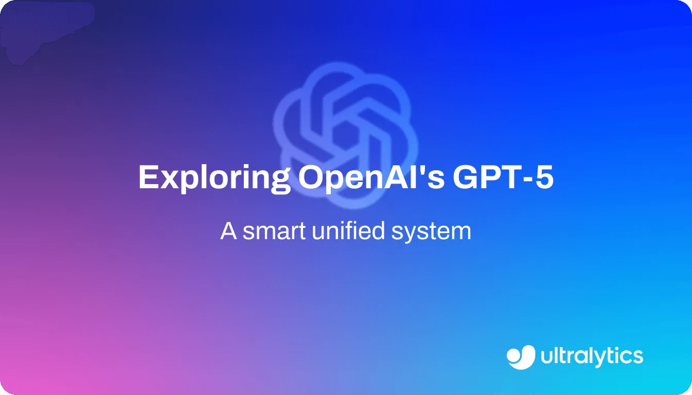 Логотип OpenAI надпись Exploring OpenAI's GPT-5 умная единая система градиентный фон розовый синий бренд ultralytics презентация искусственного интеллекта