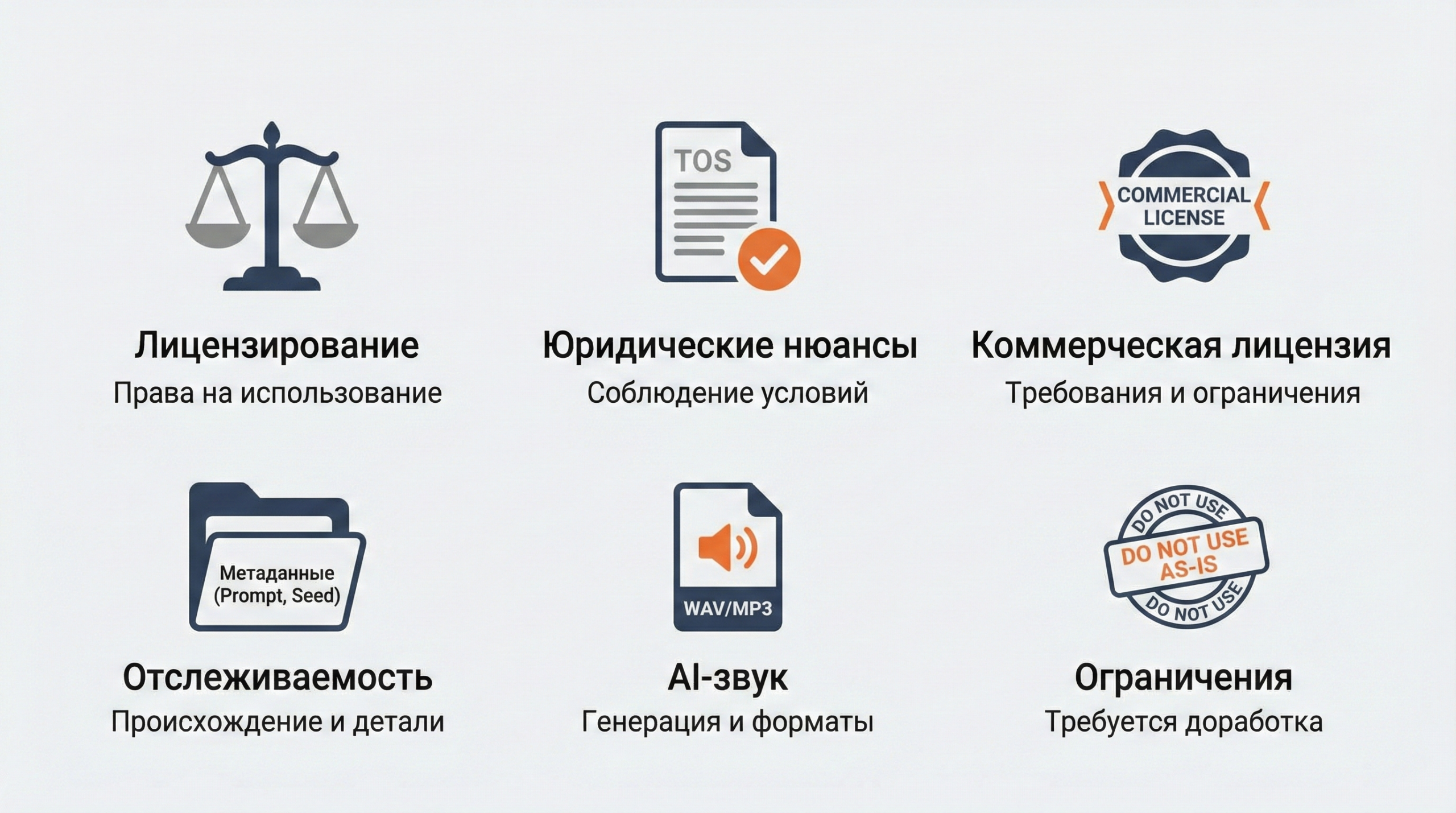 Инфографика про лицензирование и юридические требования при коммерческом использовании AI-сгенерированных звуков.