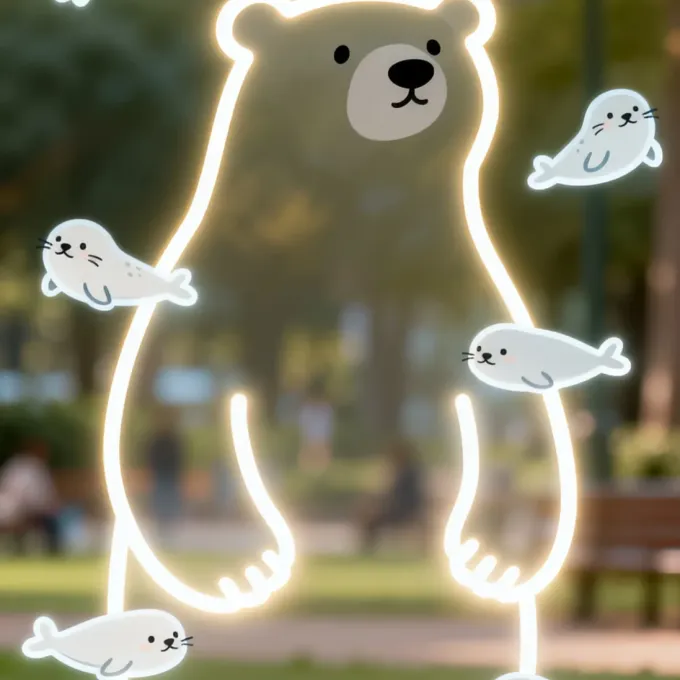 Милый медведь из неоновых линий с плавающими морскими котиками — пример творческой генерации ИИ в стиле Kawaii. Идеально для детских проектов, игр и дизайна