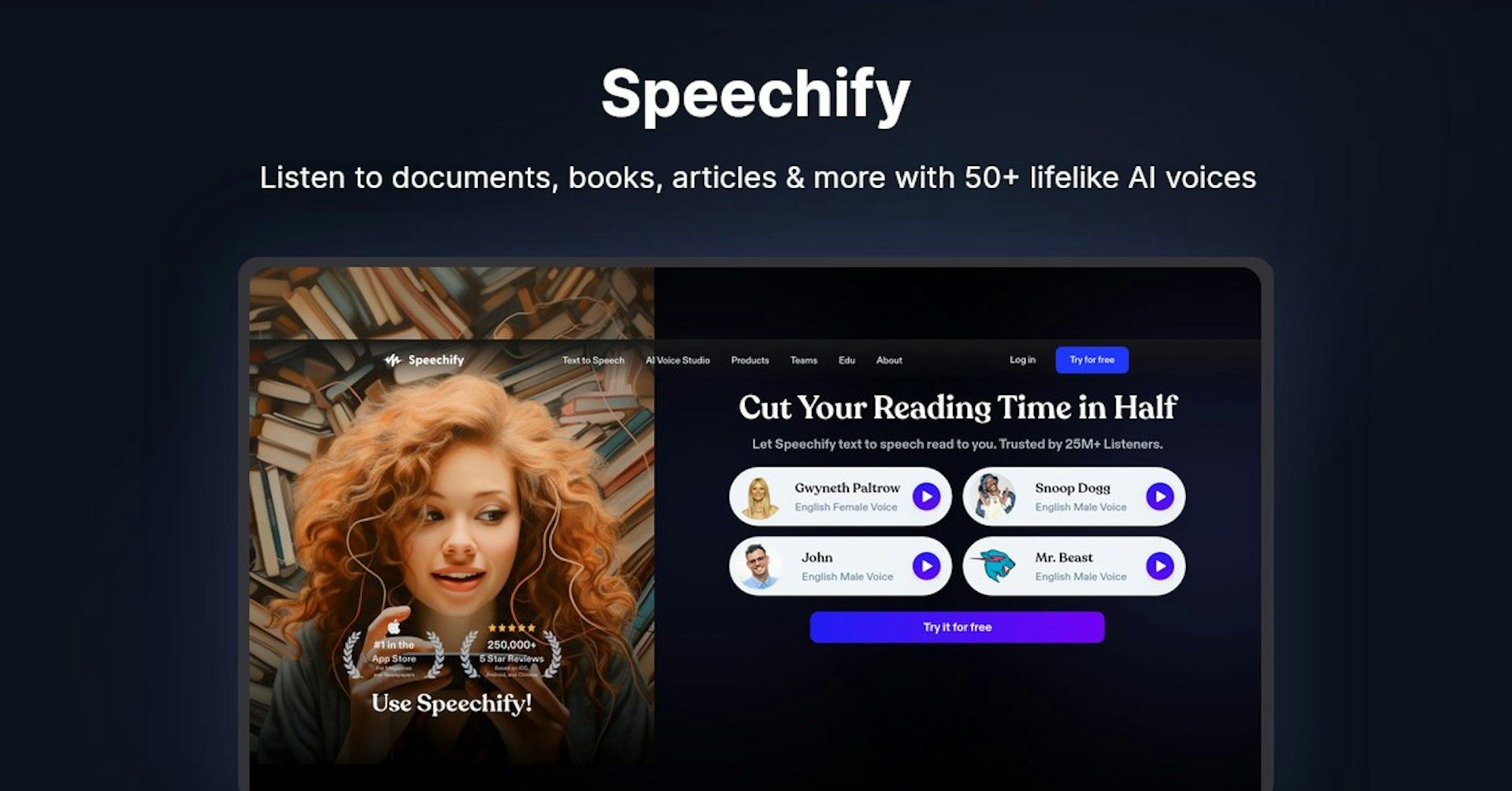 женщина с наушниками рядом со стопкой книг реклама приложения speechify надпись сократи время чтения вдвое голоса gwyneth paltrow snoop dogg mr beast кнопка попробовать бесплатно темный фон яркий текст
