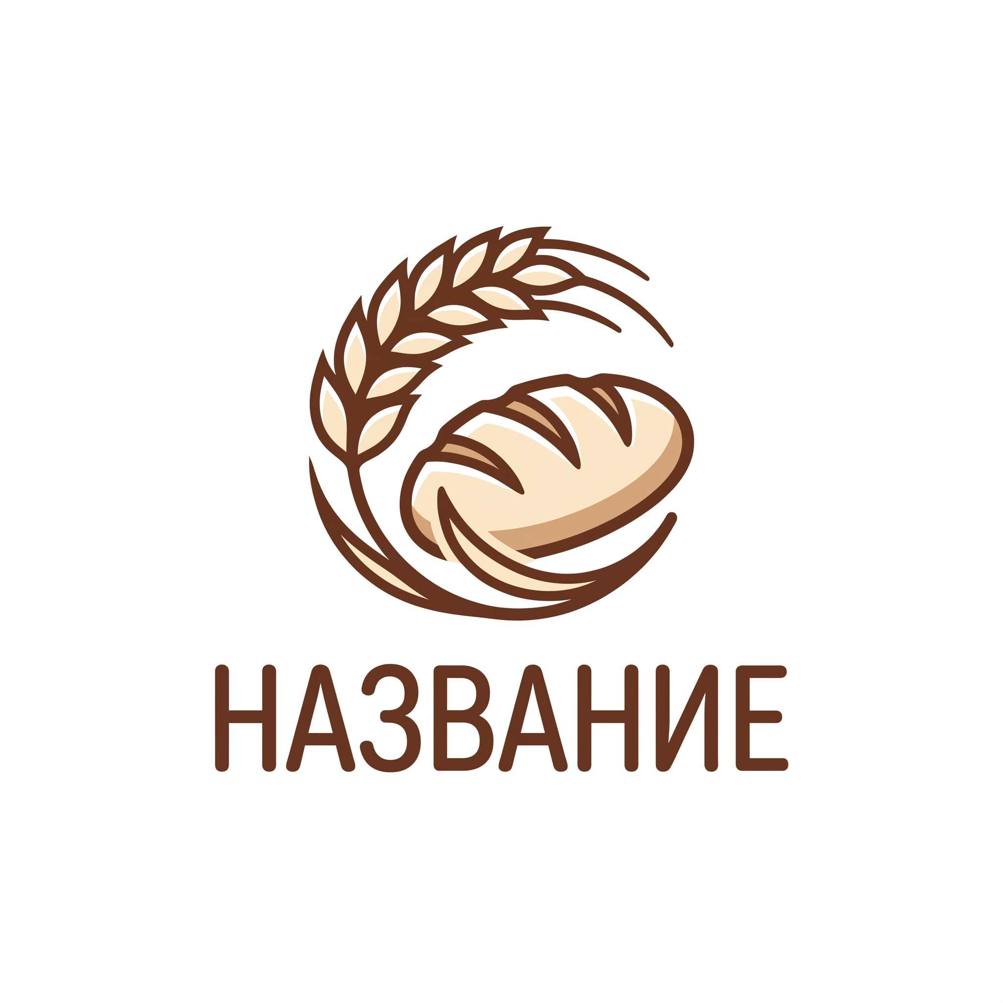Логотип пекарни: композиция из поварского колпака, скалки и колосьев пшеницы, ниже расположено слово НАЗВАНИЕ и подзаголовок ПЕКАРНЯ