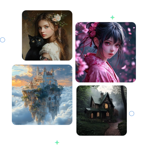 Цифровая иллюстрация девушка с черным котом девушка в кимоно с цветами фантастический замок на облаках готический дом в лесу фэнтези арт коллаж атмосферные сцены