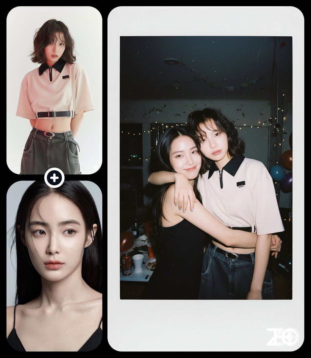 Три фото с девушками в розовом топе и черном платье; выделены элементы одежды и взаимодействие на фоне вечеринки.