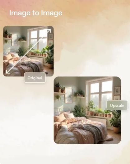 Сравнение оригинального и улучшенного изображения уютной спальни кровать окно комнатные растения естественное освещение повышение четкости и качества визуализация интерьера