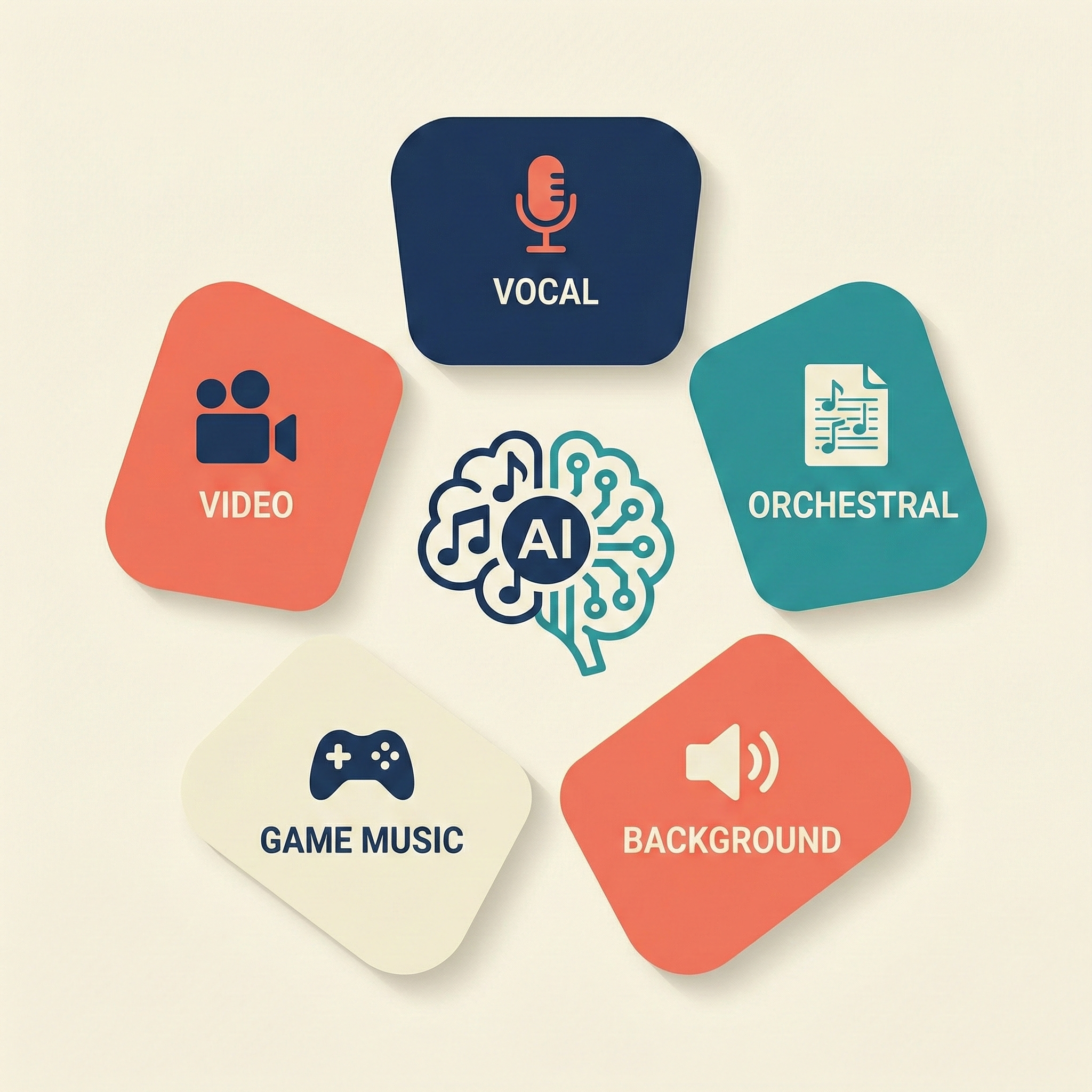 Инфографика с основными сценариями использования нейросетей для генерации музыки в видео, играх и рекламе