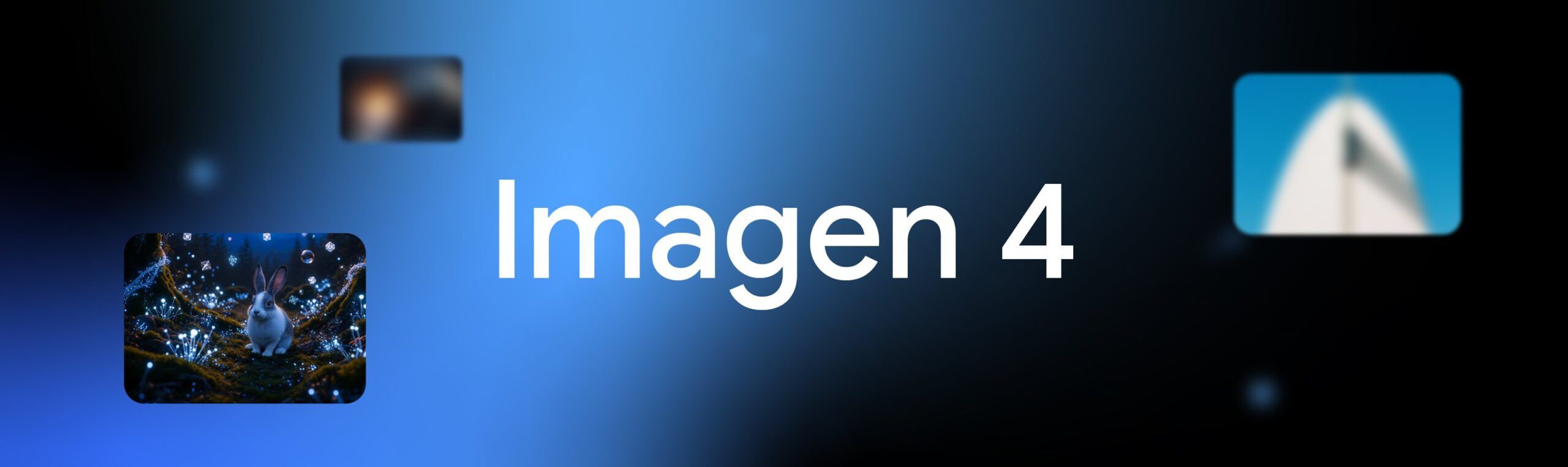 Надпись Imagen 4 на фоне градиента с изображениями кролика в волшебной обстановке белой структуры на фоне неба и нечеткой сцены визуальная презентация фантастических тем