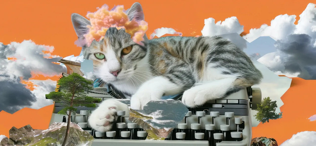 Кот лежит на винтажной печатной машинке корона из облаков оранжевое небо с горами и деревьями фантастический пейзаж сочетание природы и механики сюрреалистическая композиция
