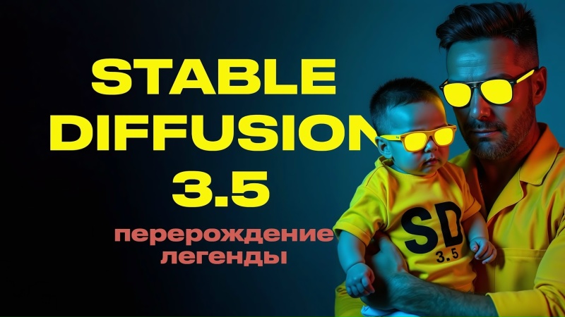 мужчина и ребенок в желтой одежде и очках надпись stable diffusion 3.5 перерождение легенды темный фон стильная презентация ai модели