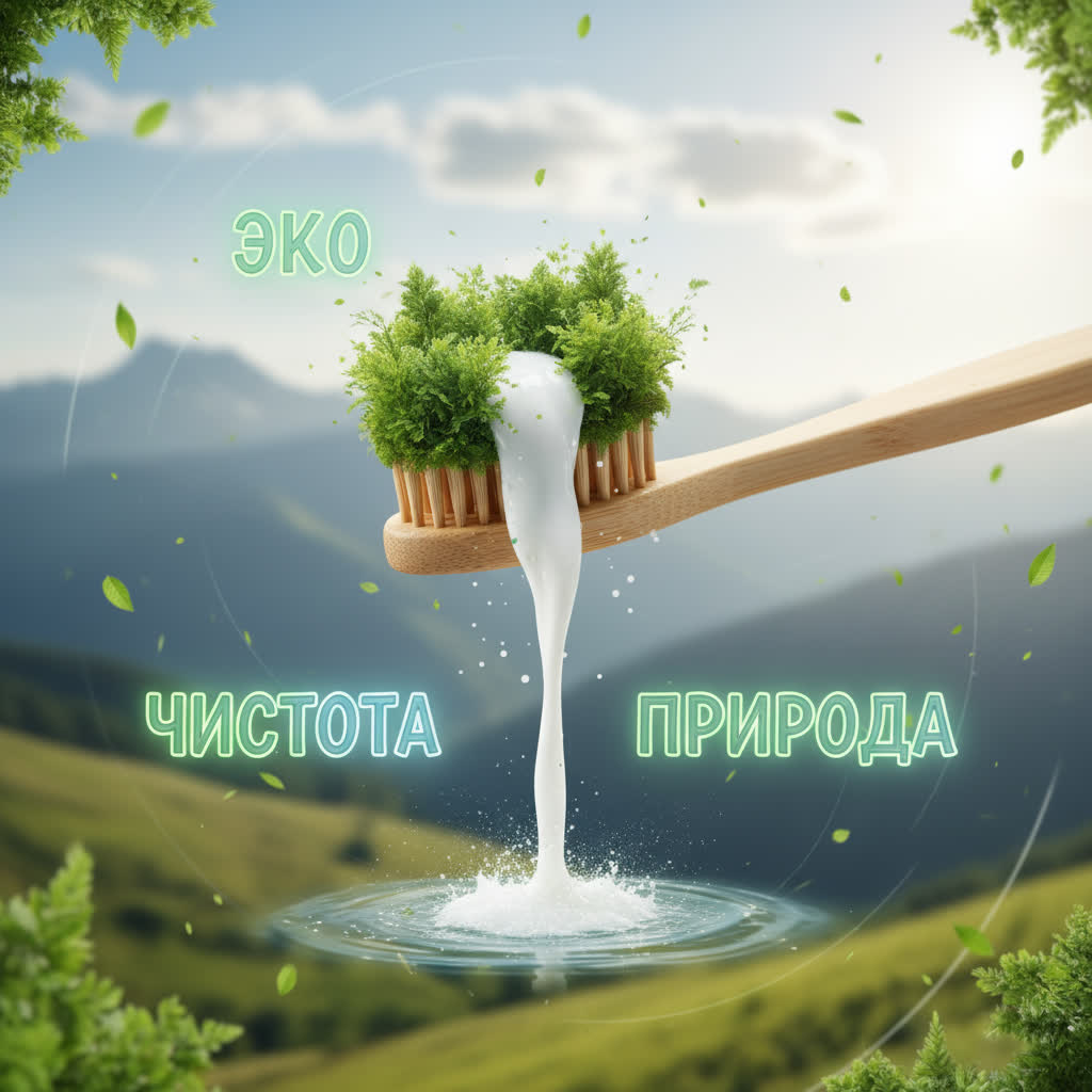 Пример креатива для рекламы экологичной зубной пасты, сгенерированный Vlex AI, визуал и посыл.