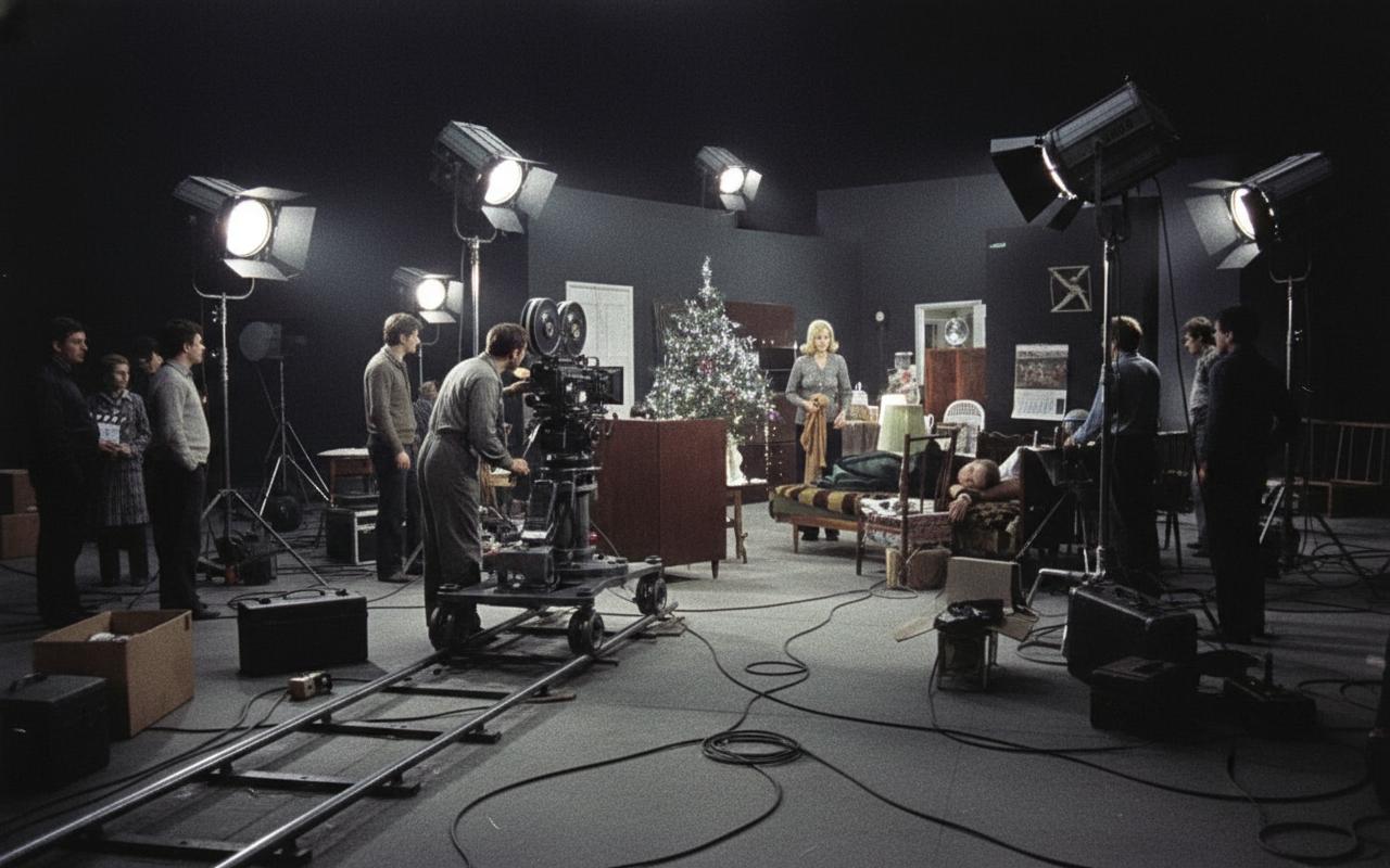 Вариант генерации 3: Идеальный вариант. Массивная пленочная камера, люди одеты в свитера 70-х, свет выставлен логично.