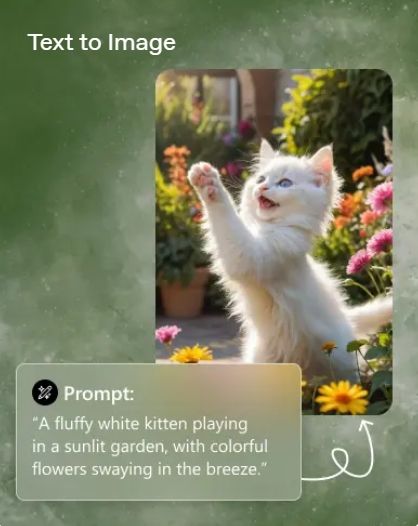Пушистый белый котенок играет в солнечном саду среди ярких цветов розовых оранжевых и желтых теплый свет летняя атмосфера генерация изображения по текстовому запросу