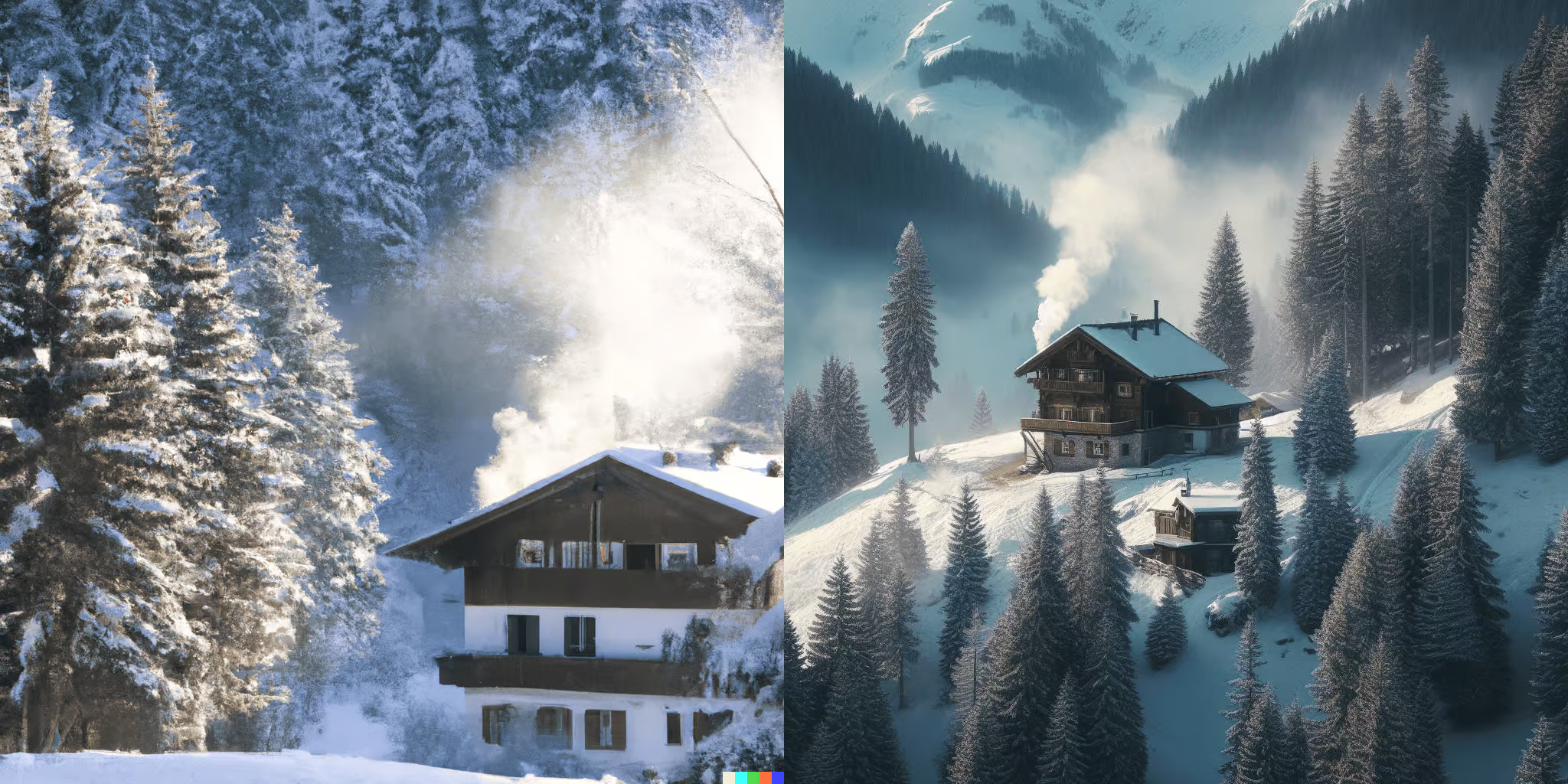 Prompt: a snow-covered alpine landscape with a cozy cabin nestled among the pine trees, smoke rising from its chimney into the crisp winter air