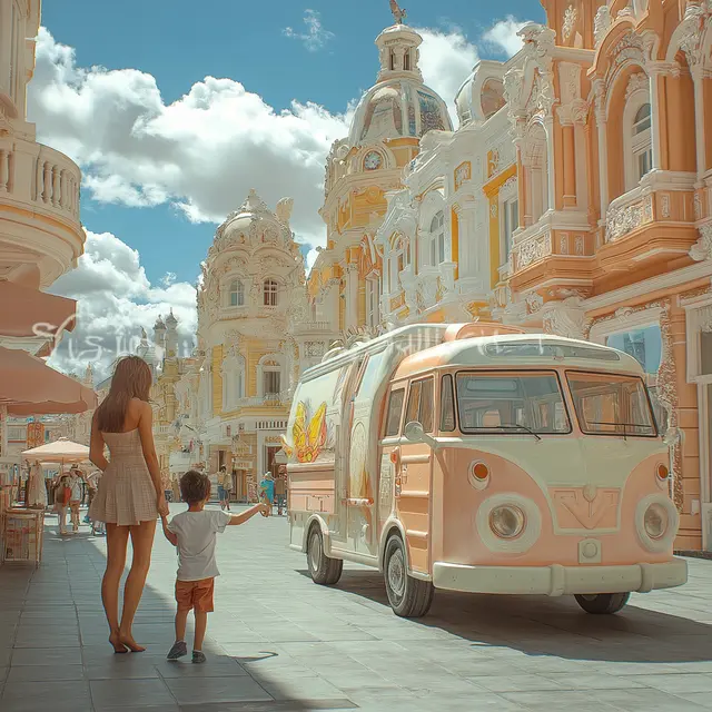 Розовый ретро-фургон с мороженым на мощеной улице среди пастельных зданий женщина с ребенком идет к фургону яркое небо архитектура атмосфера сказочного города